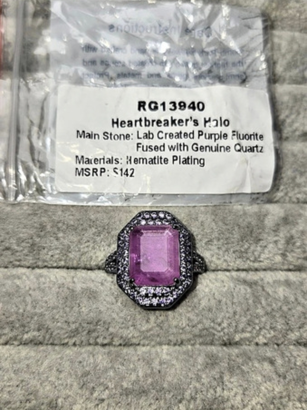 New Size 7 Heartbreaker's Halo Purple Fluorite Quartz Hematite Plated BP Ring